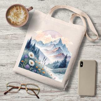 Bolso De Tela Watercolor Alpine Landscape with Wildflowers