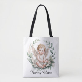 Bolso De Tela Watercolor Angel Wings Baptism Green Godparents