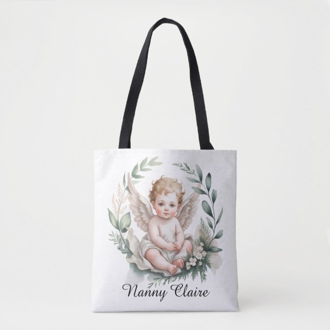 Bolso De Tela Watercolor Angel Wings Baptism Green Godparents (Anverso)