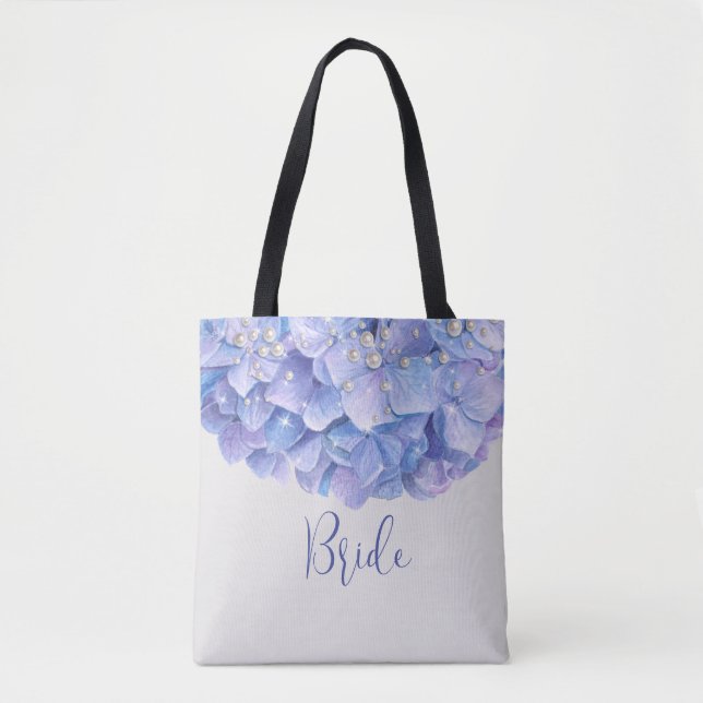 Bolso De Tela Watercolor Blue Hydrangea Pearl Bridal Party (Anverso)