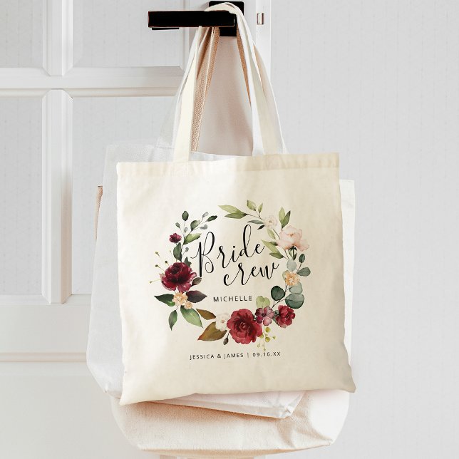 Bolso De Tela Watercolor Borgoña Floral Wreath Bried Crew Nombre (Watercolor Burgundy Floral Wreath Bride Crew Name Tote Bag)