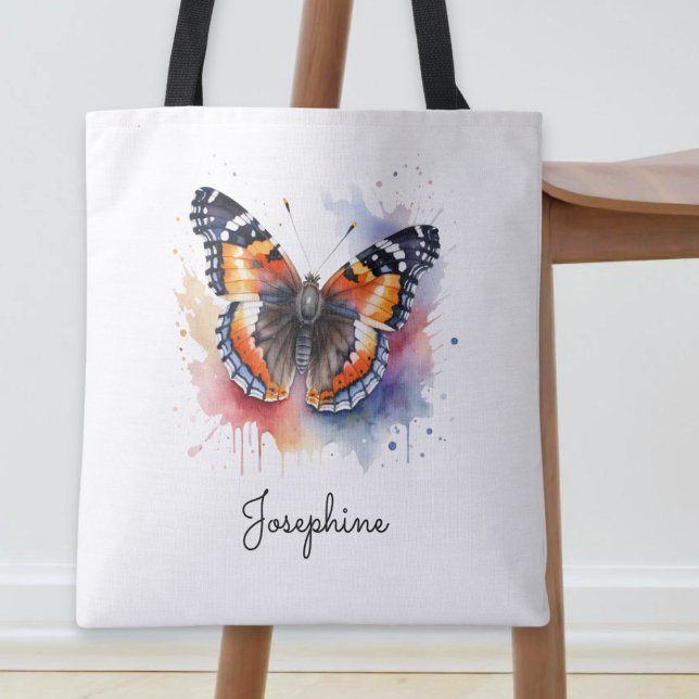 Bolso De Tela Watercolor Butterfly Red Admiral Custom Name  (A tote bag with red admiral butterfly picture in a watercolor style and personalized name)