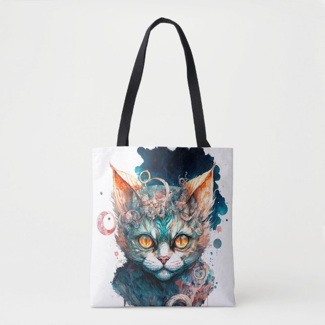 Bolso De Tela Watercolor cat en estilo steampunk (Anverso)