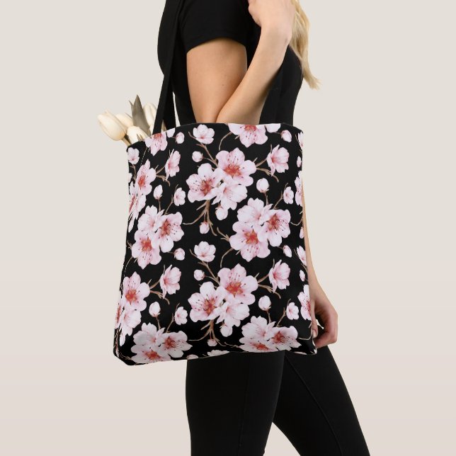 Bolso De Tela Watercolor Cherry Blossoms Pink Black (Detalle)