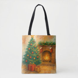 Bolso De Tela Watercolor Christmas Tree & Cozy Fireplace Holiday