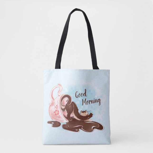Bolso De Tela Watercolor Coffee Stretching Cat (Anverso)