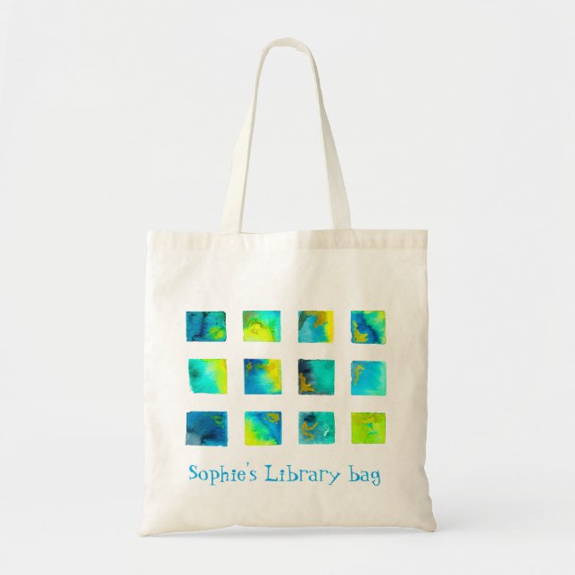 Bolso De Tela Watercolor cute squares blue library name (Frente)