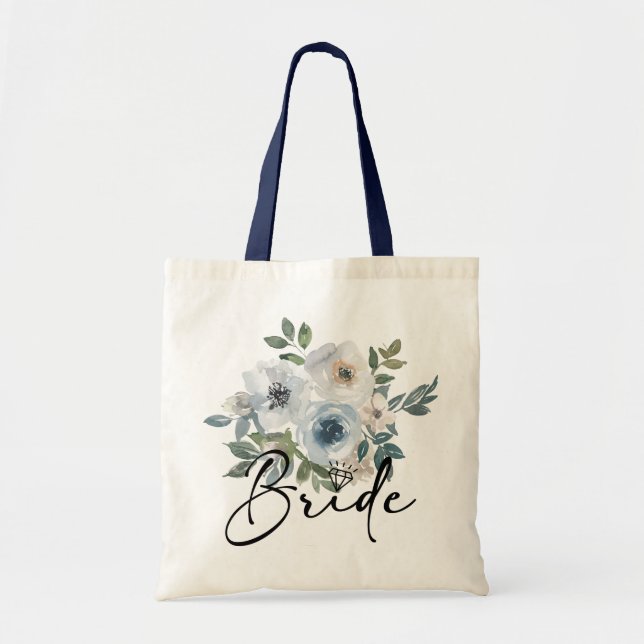 Bolso De Tela Watercolor Dusty Blue Floral Bride  (Frente)