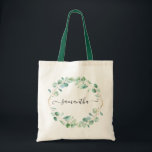 Bolso De Tela Watercolor Eucalyptus Greenery Personalizado<br><div class="desc">Esta bolsa de tote presenta hojas de eucaliptos verdes pintadas a mano de acuarela de color acuático pintadas como corona,  emparejadas con un tipo de letra mordaz,  que se pueden personalizar con tu nombre.</div>