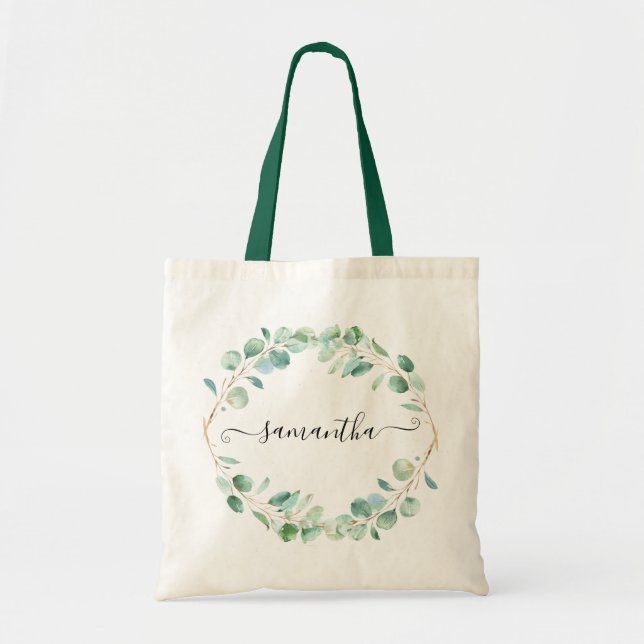 Bolso De Tela Watercolor Eucalyptus Greenery Personalizado (Frente)