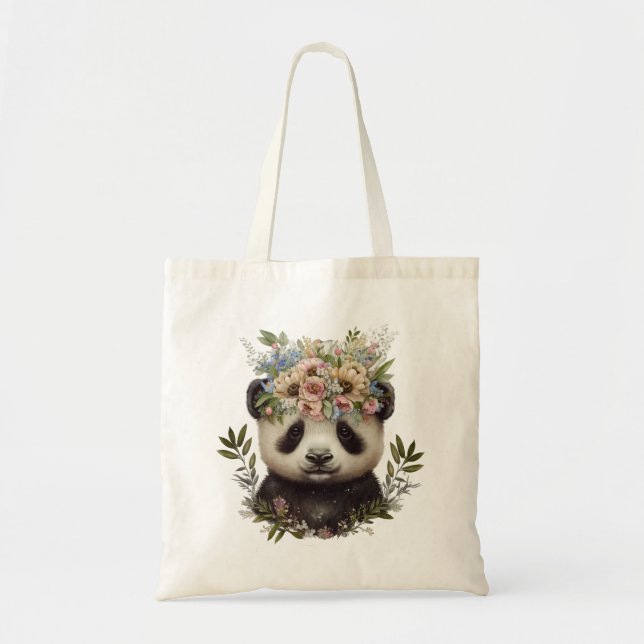 Bolso De Tela Watercolor Floral Baby Panda Cute (Frente)