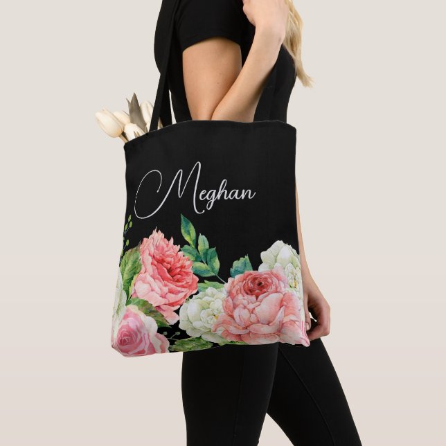 Bolso De Tela Watercolor Floral Black Personalizada Bridesmaid (Detalle)