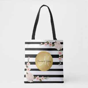 Bolso De Tela Watercolor Floral Gold Monograma Banda blanca negr
