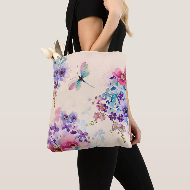 Bolso De Tela Watercolor Floral Mariposa Jardín Purpurina (Detalle)
