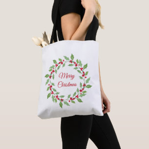 Bolso De Tela Watercolor Holly Wreath