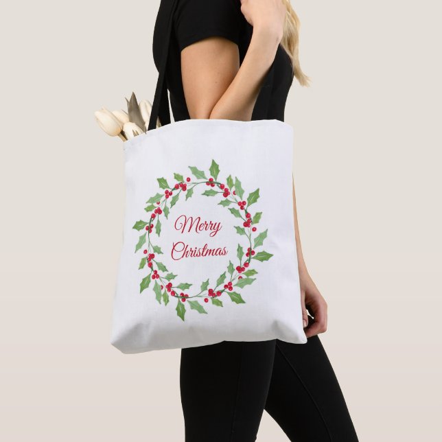 Bolso De Tela Watercolor Holly Wreath (Detalle)