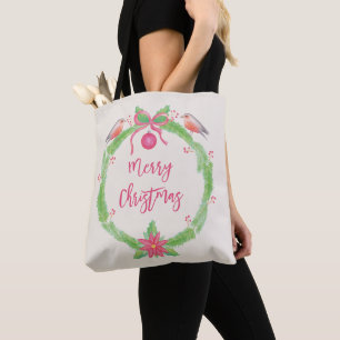 Bolso De Tela Watercolor Holly Wreath Feliz Navidad