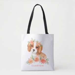 Bolso De Tela Watercolor King Charles Spaniel Naranja Flores
