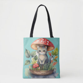 Bolso De Tela Watercolor Mushroom Garden Cat