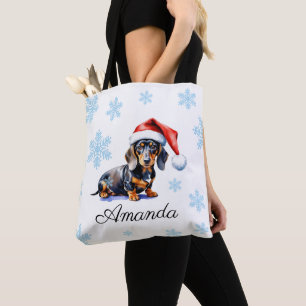 Bolso De Tela Watercolor Negro y Tan Dachshund Navidades Perro