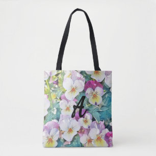 Bolso De Tela Watercolor of pink, yellow, white pansies Monogram