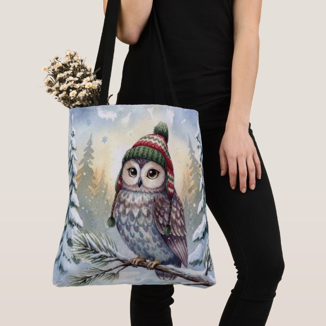 Bolso De Tela Watercolor Owl In a Winter Hat (Detalle)