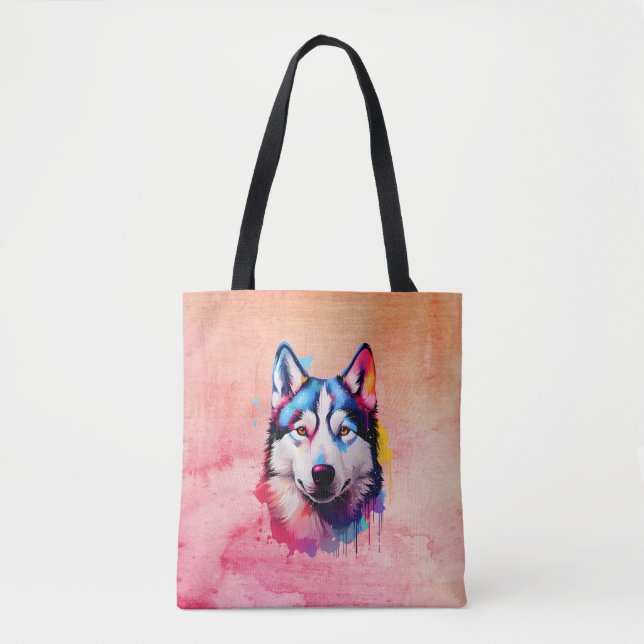 Bolso De Tela Watercolor Siberian Husky arte colorido (Anverso)