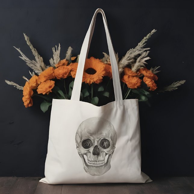 Bolso De Tela Watercolor Skeleton Head Gothic Personalizado Mono (Watercolor Skeleton Head Gothic Custom Monogram Tote Bag)