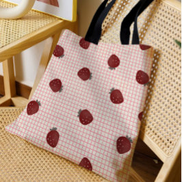 Bolso De Tela Watercolor Strawberries on Pink Grid - Valentine