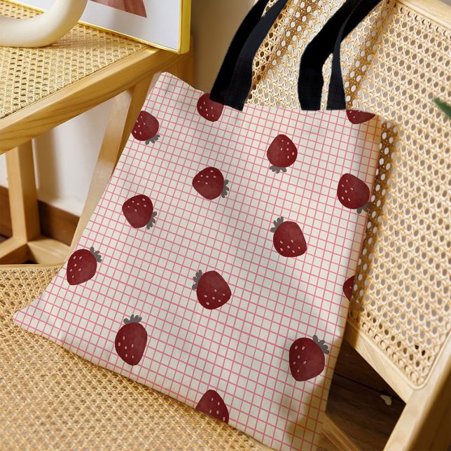 Bolso De Tela Watercolor Strawberries on Pink Grid - Valentine (Subido por el creador)