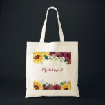 Bolso De Tela Watercolor Sunflowers Rusa Floral Bridesmaid<br><div class="desc">Esta bolsa de tote presenta un diseño floral acuático con girasoles,  rosas de color burdeos y hojas de follaje verdes. Puede personalizarlo con un nombre. Visita nuestra tienda o nuestras páginas de colección para ver más productos con este diseño que puedes personalizar para tus necesidades.</div>