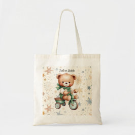 Bolso De Tela Watercolor Teddy Bear Stars Green Bike