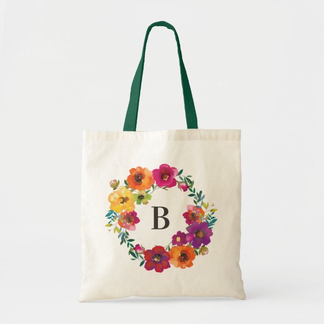 Bolso De Tela Watercolor Wildflowers Floral Monogram (Frente)