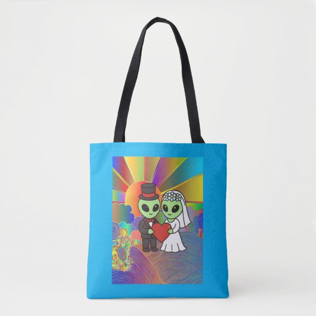 Bolso De Tela Wedding Gift Alien Bride and Groom Psychedelic  (Anverso)