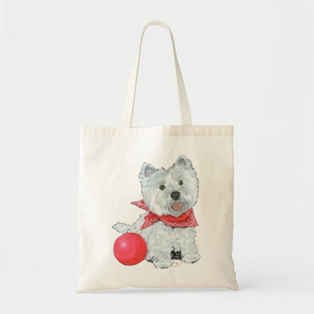 Bolso De Tela Westie con una bola roja (Frente)