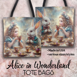 Bolso De Tela Whimsical Alice and Rabbit Tea Time