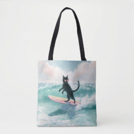 Bolso De Tela Whimsical Black Cat Surfer Tote