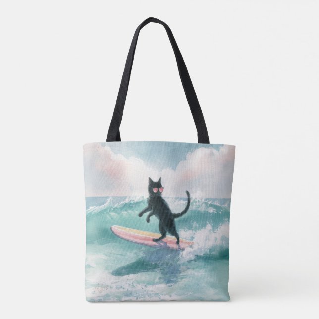 Bolso De Tela Whimsical Black Cat Surfer Tote (Reverso)