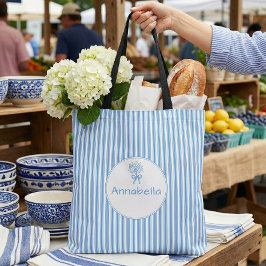 Bolso De Tela Whimsical Blue White Stripe Preppy Monogram