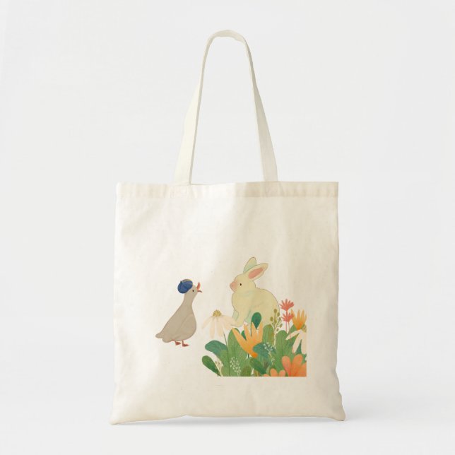 Bolso De Tela Whimsical Bunny & Bird in Bloom - Cuidada Primaver (Frente)