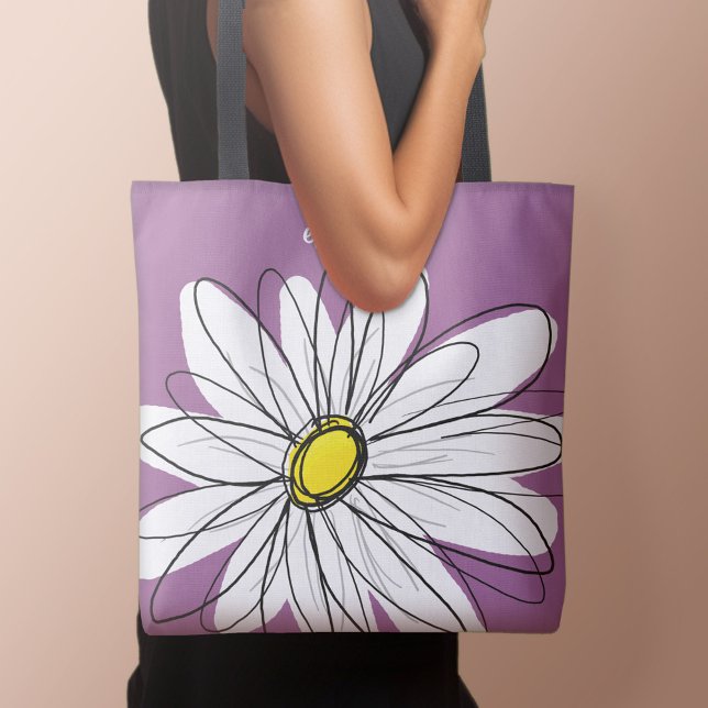 Bolso De Tela Whimsical Daisy - orquídea - nombre de guión moder (Personalized tote bag with daisy and text)