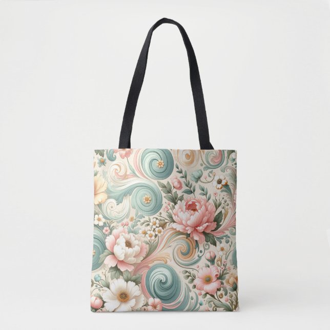 Bolso De Tela Whimsical Floral Swirls en Pastel (Anverso)