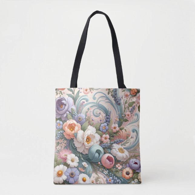 Bolso De Tela Whimsical Floral Swirls en Pastel (Anverso)