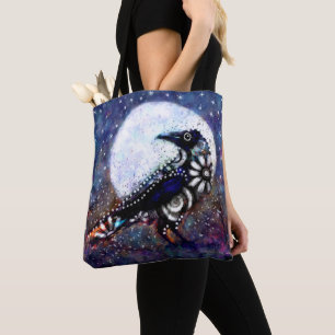 Bolso De Tela Whimsical Raven Moon Floral Azul Blanco Negro