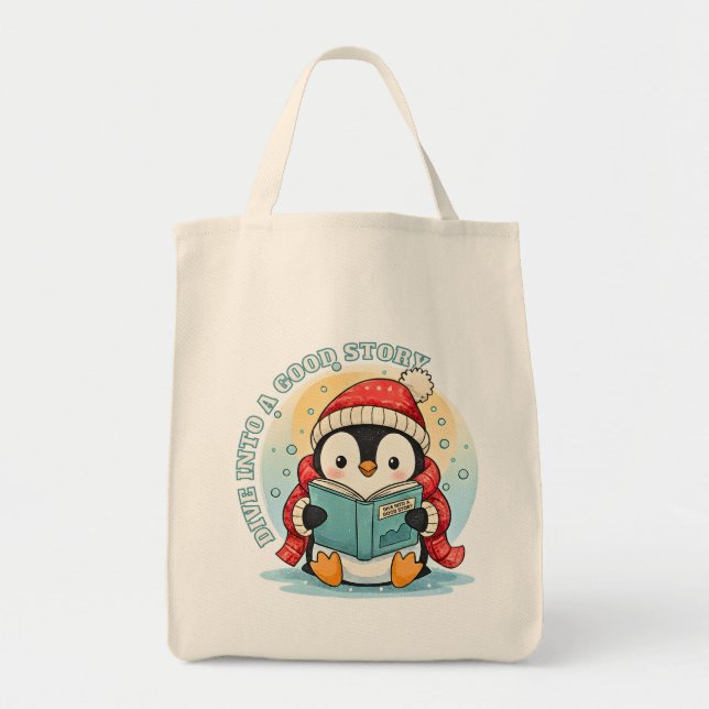 Bolso De Tela Whimsical Reading Penguin Eco Friendly Grocery  (Frente)
