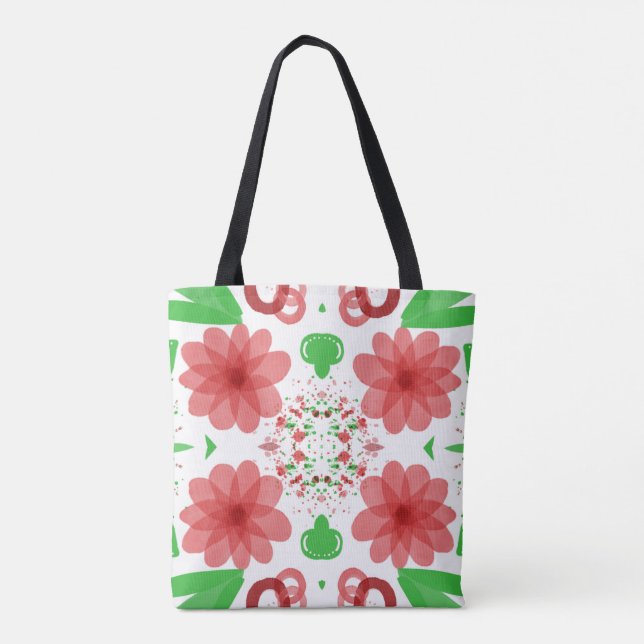Bolso De Tela Whimsical Red Flowers Green Leaves On White Art (Reverso)