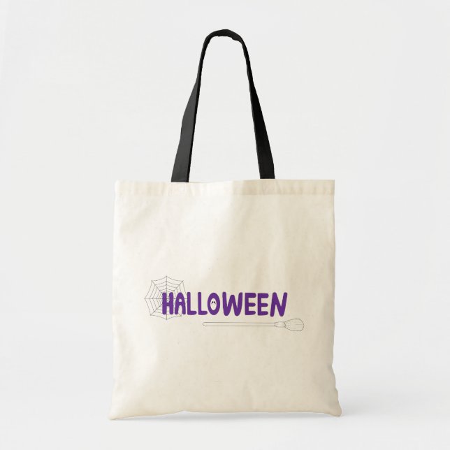 Bolso De Tela Whimsical Script with Spider Web and Magic Broom (Frente)