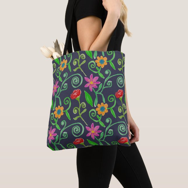 Bolso De Tela Whimsical Watercolor Floral Navy Blue (Detalle)