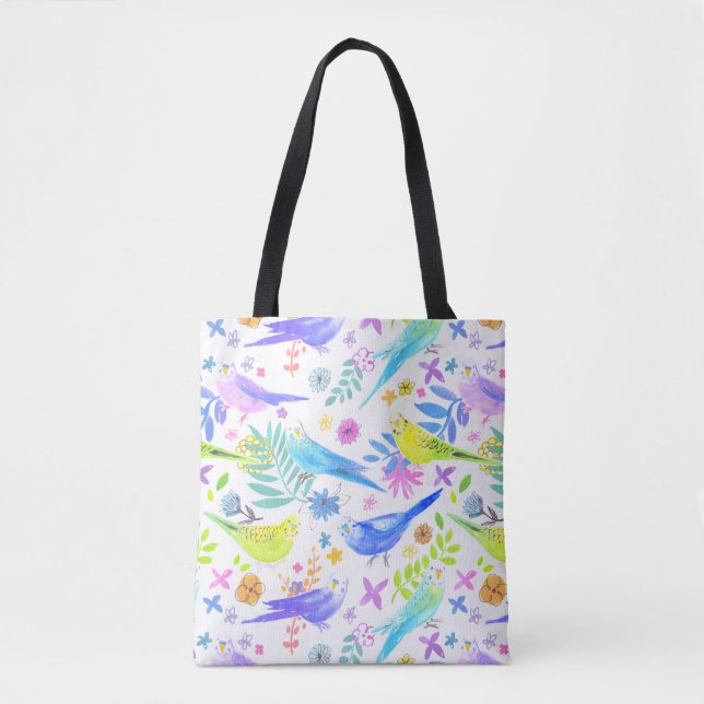 Bolso De Tela Whimsical Watercolour Budgie Parakeets (Anverso)