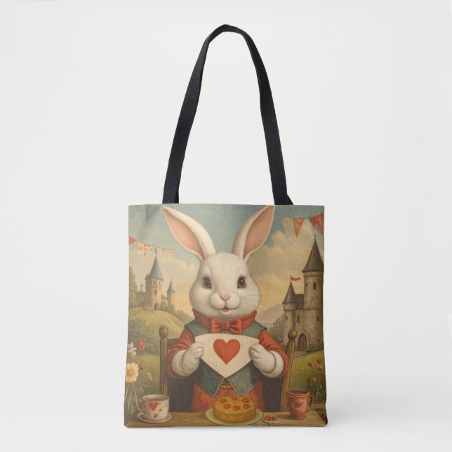 Bolso De Tela Whimsical White Rabbit Hearts Enchanted Wonderland (Anverso)